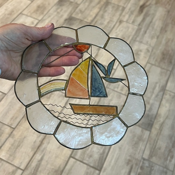 Sailing Boat & Seagull Capiz Shell Round Sun Catcher Window Hanger Beach House - Picture 5 of 7